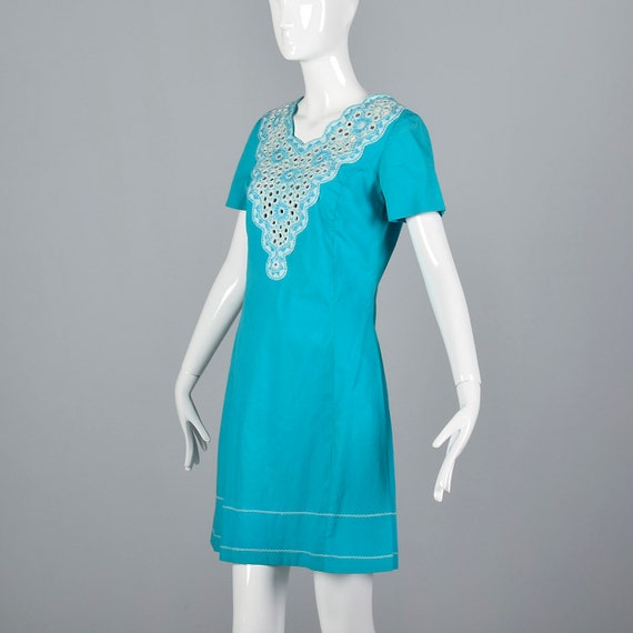 Small Turquoise Shift Dress Mirror Trim Embroider… - image 2