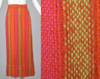 Medium 1970s Tweed Maxi Skirt 70s Hippie Maxi Skirt Boho Maxi Skirt Wool Mohair Stripe Skirt Pink Orange Winter Maxi Skirt Vintage