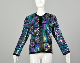 Large 1990s Color Block Sequin Jacket Geometric Patterns Holiday Party Separates