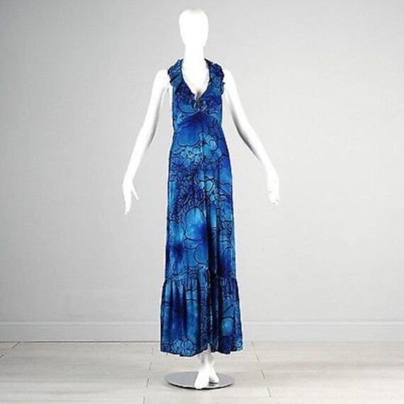 XS 1970s Maxi Dress 70s Halter Dress Blue Hawaiia… - image 6