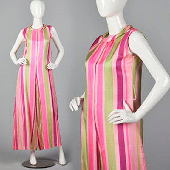 Medium 1960s Pink Stripe Jumpsuit Sleeveless Silk… - image 1