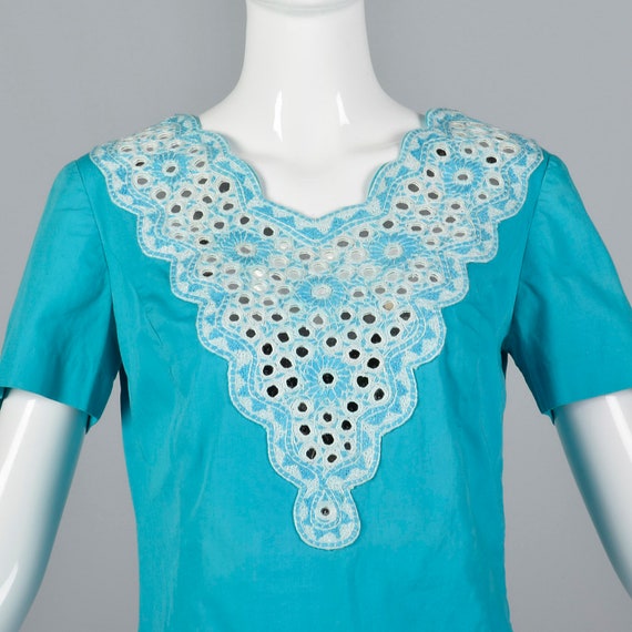 Small Turquoise Shift Dress Mirror Trim Embroider… - image 9