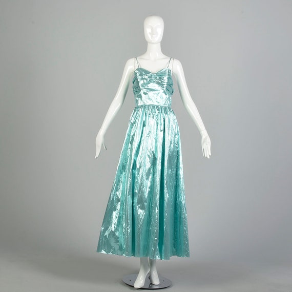 Small 1980s Aqua Sleeveless Pleated Shiny Prom Ma… - image 3