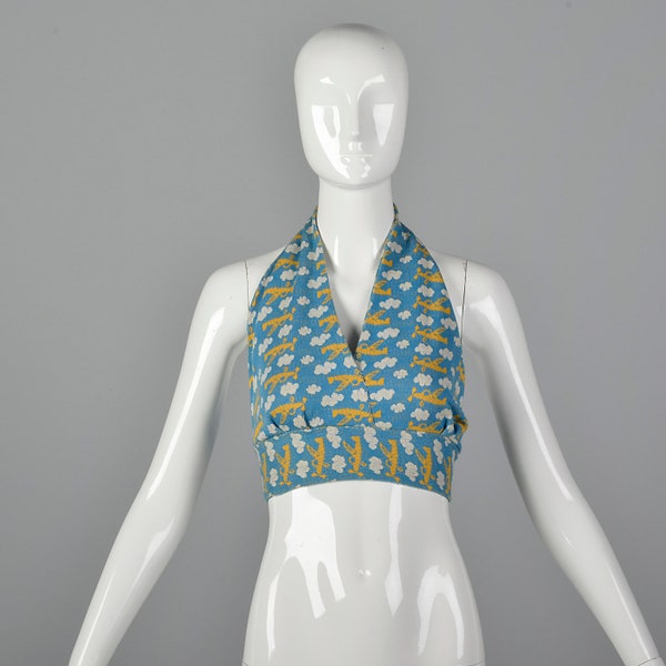 XS-M Novelty Print 1970s Halter Top Airplane Print Tie Back Blue Summer Top Knit Festival Wear