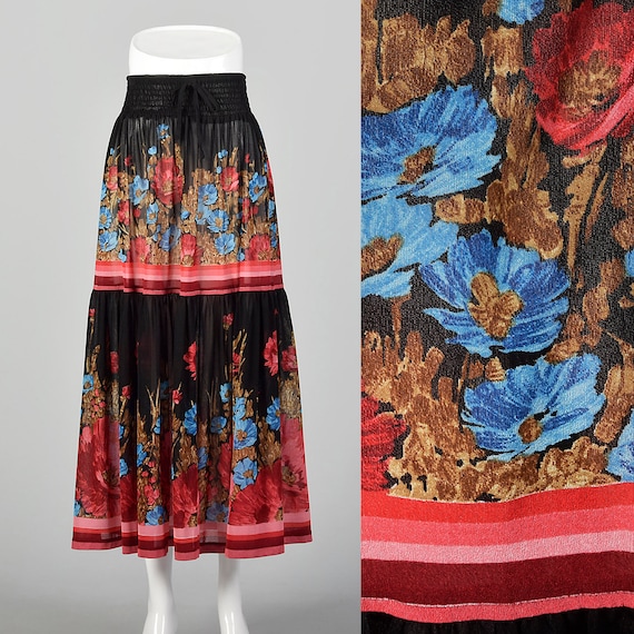 Small Gottex Maxi Skirt Black Sheer Peasant Floral