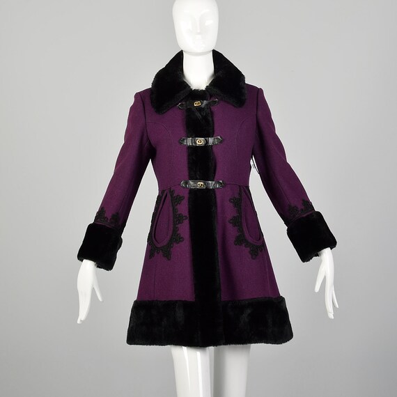 XS 1960s Princess Coat Toggles Faux Fur Trim Purpl