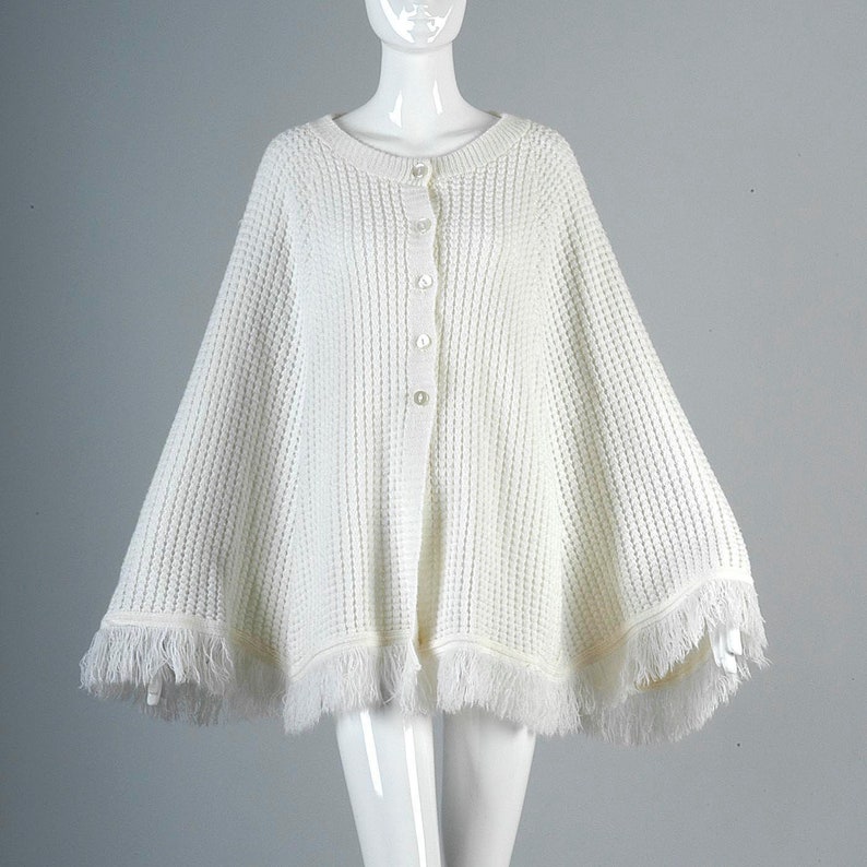 1970s Hippie Knit Poncho 70s Boho Sweater Cardigan Cape Button Up Poncho Shrug Fringe Trim Vintage Casual Wrap
