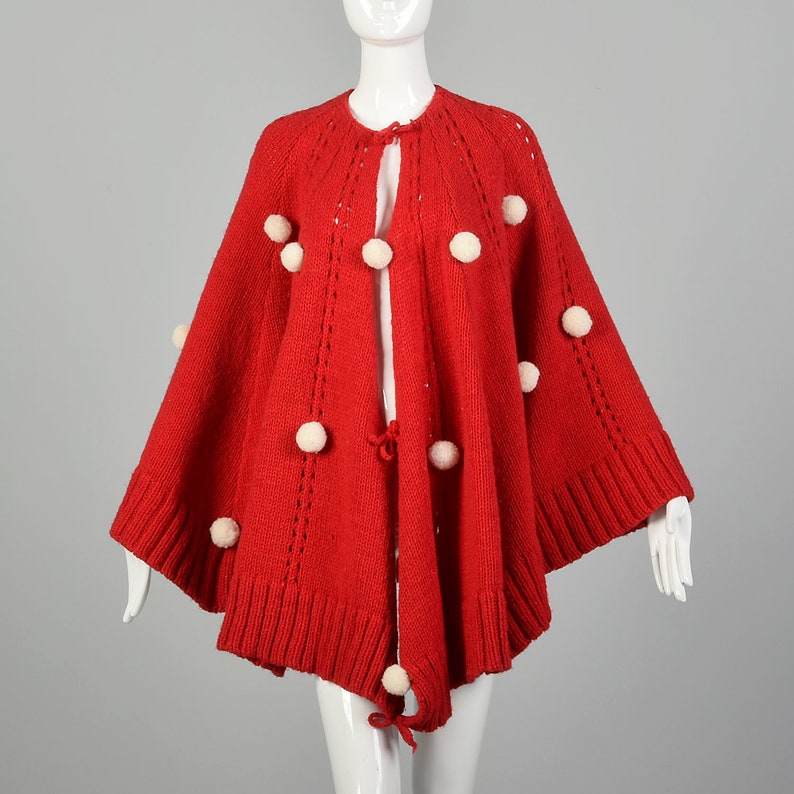 1970s Red Wool Shawl Knit Cape Pom Pom Poncho Wrap