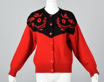 Medium Red Cardigan Sweater Embroidery Detail Long Sleeves Button Up Front Festive 1980s 80s Vintage