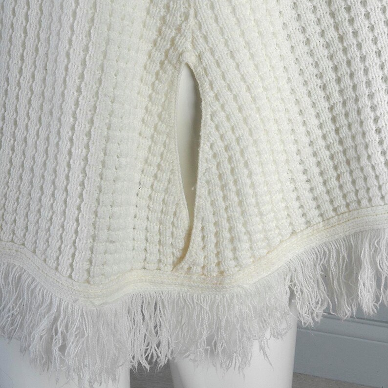 1970s Hippie Knit Poncho 70s Boho Sweater Cardigan Cape Button Up Poncho Shrug Fringe Trim Vintage Casual Wrap