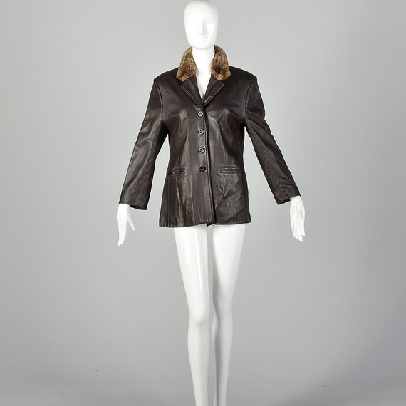 Small Leather Jacket Brown  Sheared Fur Collared … - image 4