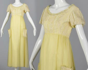 Small Flowy Maxi Dress Boho Formal Dress Vintage 1970s 70s Lace Bodice Short Sleeve Empire Waist Layered Skirt