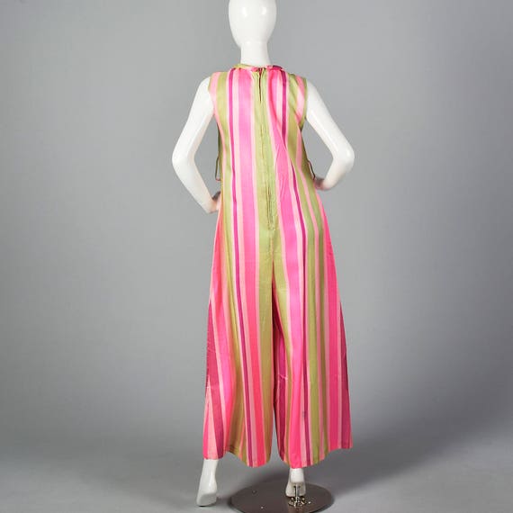 Medium 1960s Pink Stripe Jumpsuit Sleeveless Silk… - image 3