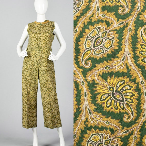 Small Green Print Jumpsuit Gold Leaf Pattern Sleev