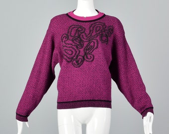 1980s Fuchsia and Black Sweater Beaded Detail Pull Over Long Sleeves Casual Separates Wool Separates 80s Vintage