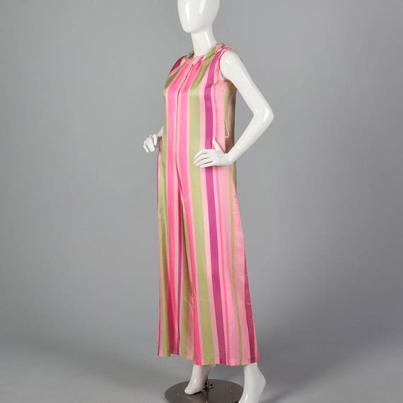 Medium 1960s Pink Stripe Jumpsuit Sleeveless Silk… - image 2