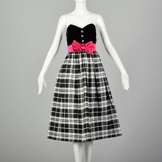 XL 1980s Prom Dress Strapless Black Velvet Plaid F
