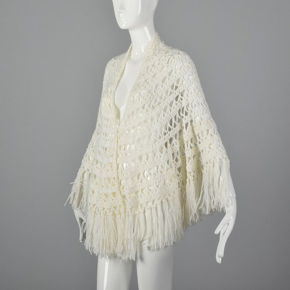 1970s White Open Crochet Shawl Crochet Wrap Fring… - image 3