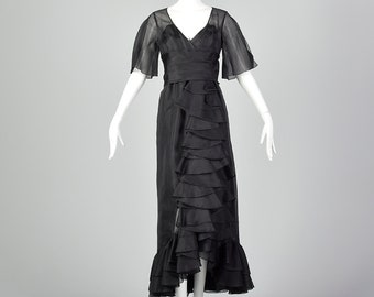 XS Bergdorf Goodman 1970s Black Organdy Formal Prom Dress