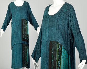 1990s XL-XXL Bohemian Dress Teal Turquoise Print Dress