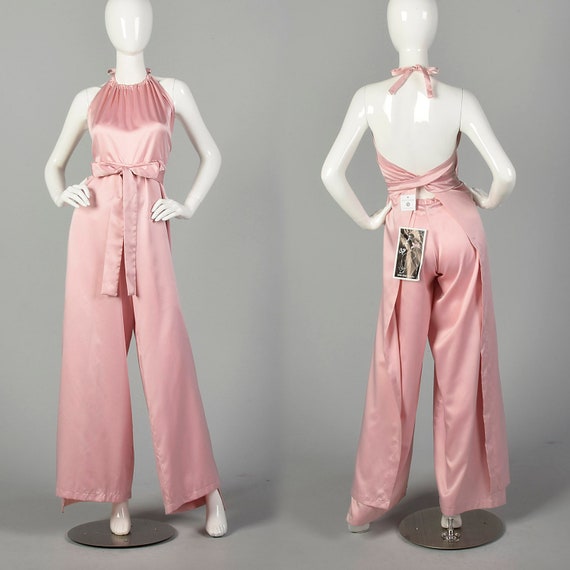 1980s Jumpsuit Pink Satin Wrap Halter Top Harem Pa