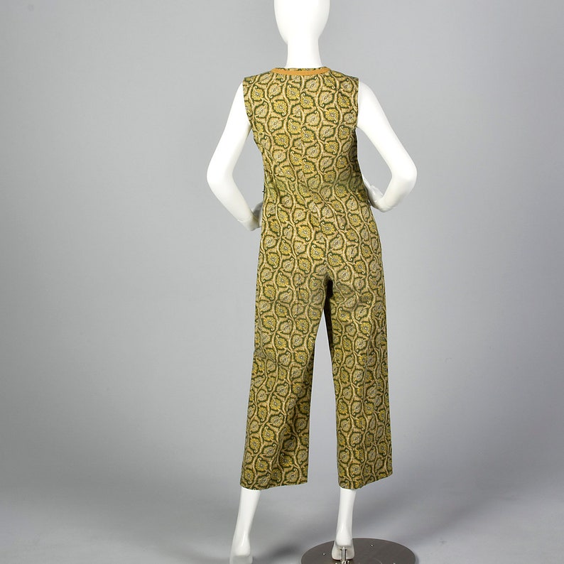 Small Green Print Jumpsuit Gold Leaf Pattern Sleeveless Vintage 1980s Zip Front Patch Pockets Gold Trim Jumpsuit