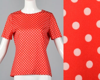 Medium 1970s Red Short Sleeve Top White Polka Dots Short Sleeve Casual Top Casual Separates Day Wear 70s Vintage