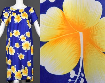 Medium 1970s Hilo Hattie Blue Hawaiian Dress Sack Dress Tiki Beach Pool Swimsuit Cover Up Casual Summer 70s Vintage