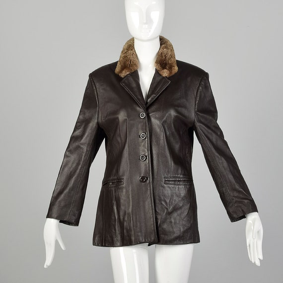 Small Leather Jacket Brown  Sheared Fur Collared … - image 1