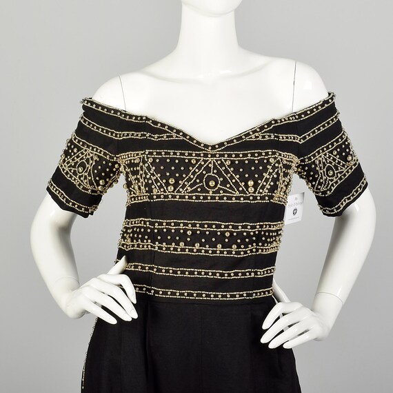 XL 1980s Jumpsuit Black Gold Beading Off Shoulder… - image 6