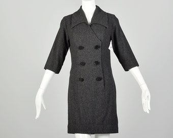 Medium Gray Wool Dress 1960s Double Breasted Casual
