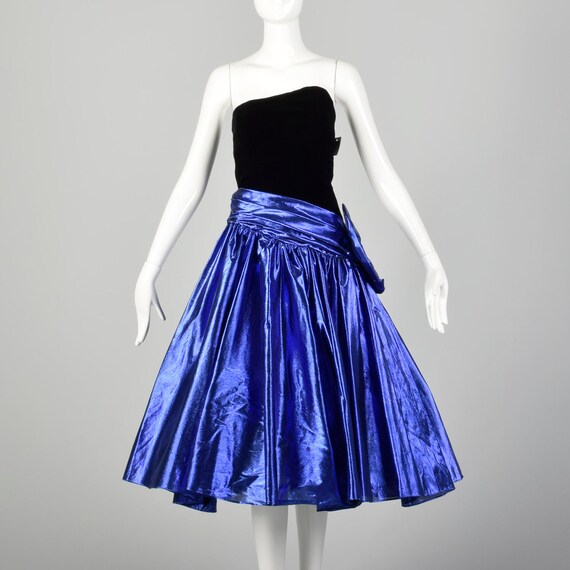 XXS 1980s Blue Lamé Prom Dress Asymmetric Straples