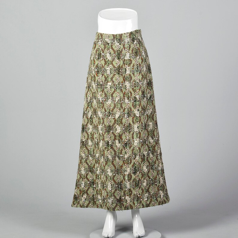 Small Homemade Wool Tweed Maxi Skirt Unique Green Brown Vintage 1980s Long Skirt