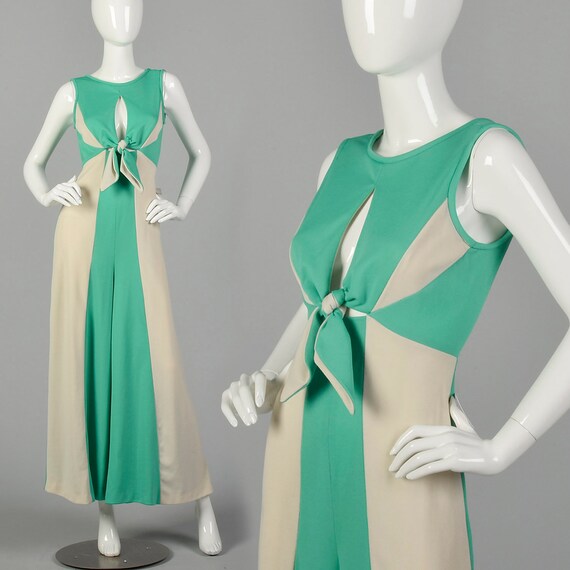 Small 1970s Jumpsuit Sexy Mint Green Keyhole Bust