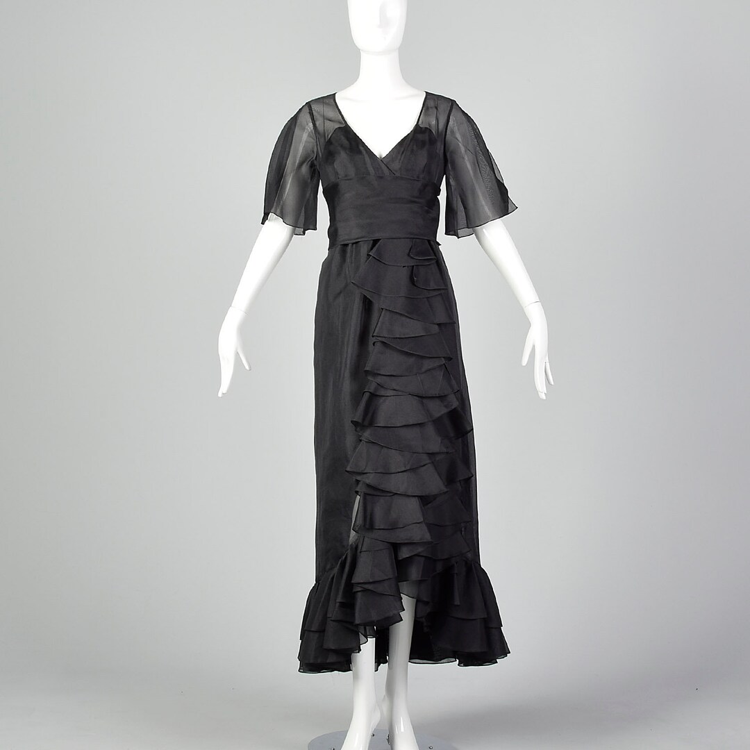 XS Bergdorf Goodman 1970s Black Organdy Formal Prom Dress Etsy