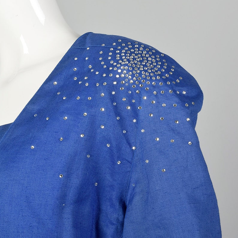 Large Blue Skirt Suit 1980s Three Piece Set Pencil Skirt Top Jacket Blazer Rhinestones Padded Shoulders