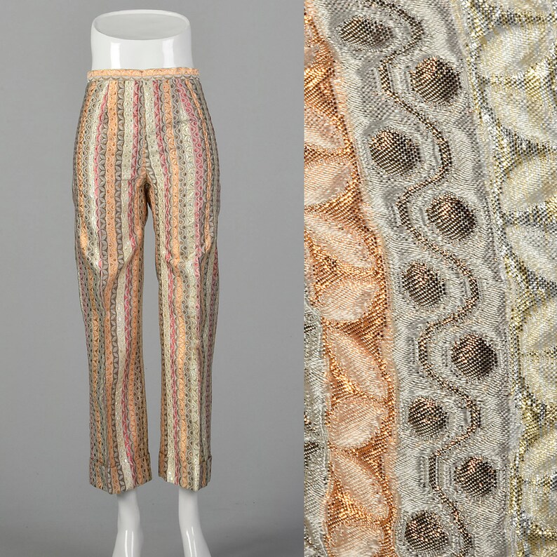 XXS Metallic Pants 1970s Gold Silver Copper Red Stripes Textured Weave Wide Leg Trouser High Waited Pants