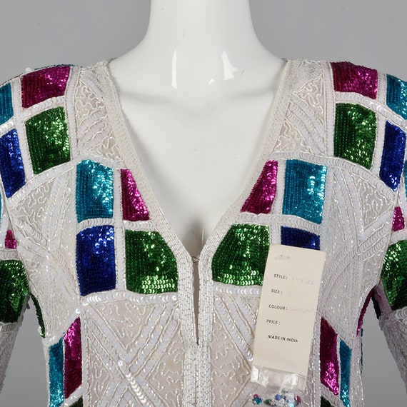 XS Deadstock Silk Sequined Jacket Beaded Colorful… - image 4