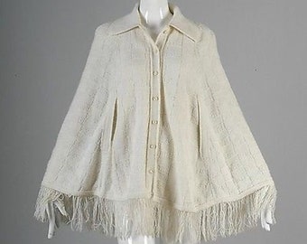 1970s Poncho 70s Hippie Boho Cardigan Cape Knit Sweater Cape Cardigan Poncho Fold Over Collar Button Up Fringe Vintage White