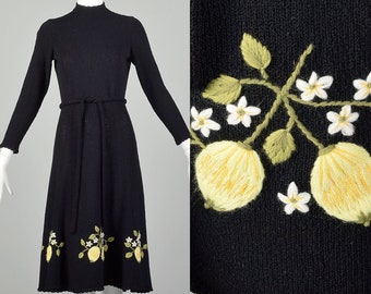 Medium Black Dress 1970s Yellow Floral Hem Long Sleeve Knit