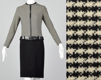 Small Black & White Dress 1960s Mod Wool Houndstooth Drop Waist Long Sleeve