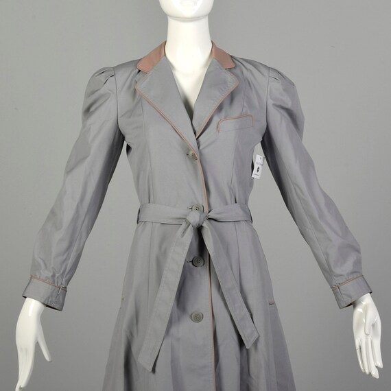 XS 1970s Trench Coat Grey Fitted Puff Sleeve Plea… - image 3