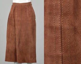 XS 1970s Brown Leather Skirt Vintage Suede Midi Skirt Boho Skirt 70s Bohemian Skirt Chestnut Brown Leather