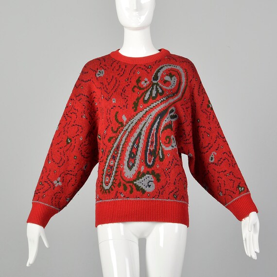 Small 1980s Red Sweater Oversized Wool Paisley Pat