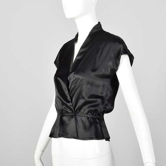 XS Black Top 1980s Satin Wrap Top Peplum Cross Ov… - image 2