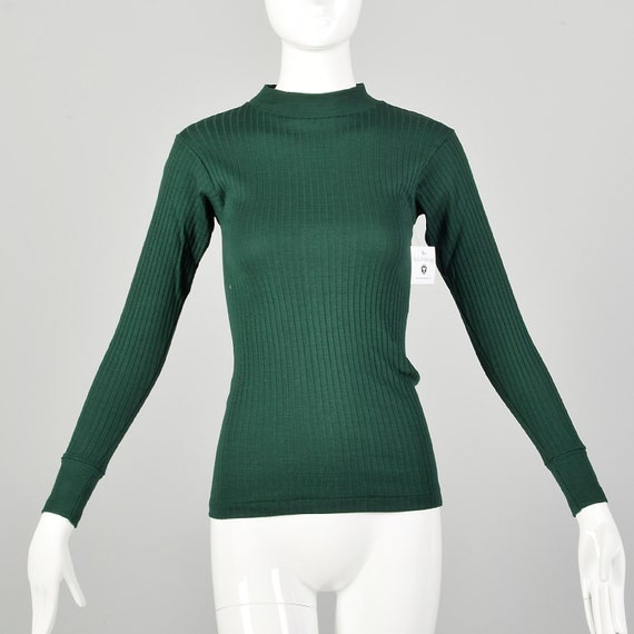 XS 1960s Deadstock Green Ribbed Knit Lightweight … - image 1