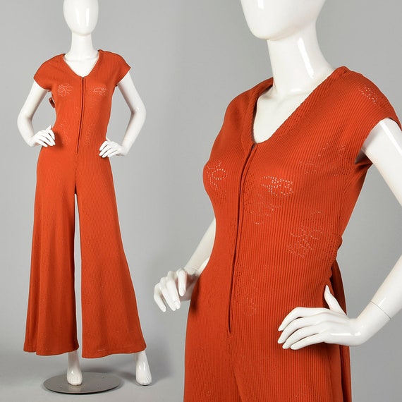 Small 1970s Jumpsuit Wide Leg Orange Ribbed Knit Z