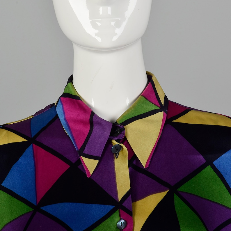 Large Vintage Blouse Geometric Silk Blouse Vintage Colorful Blouse Vintage Silk Rainbow Shirt Long Sleeve Top