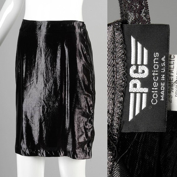 XS 1980s Mini Skirt 80s Shiny Black Skirt Metalli… - image 1