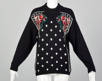 Large 1980s Black Sweater Bandana Print Oversize High Collar Fall Winter Christmas